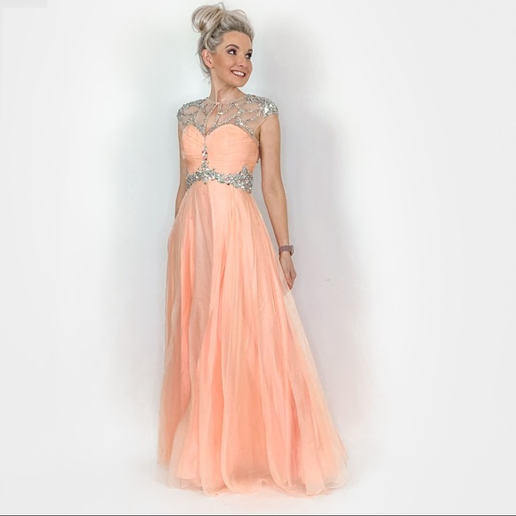 Peach Illusion Rhinestone Prom Pageant Dress - Picture 3 of 8